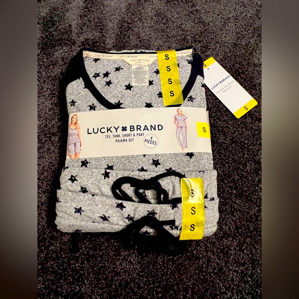 Lucky Brand 4 Piece Pajama Set Grey Navy Stars Women’s S Small NWT